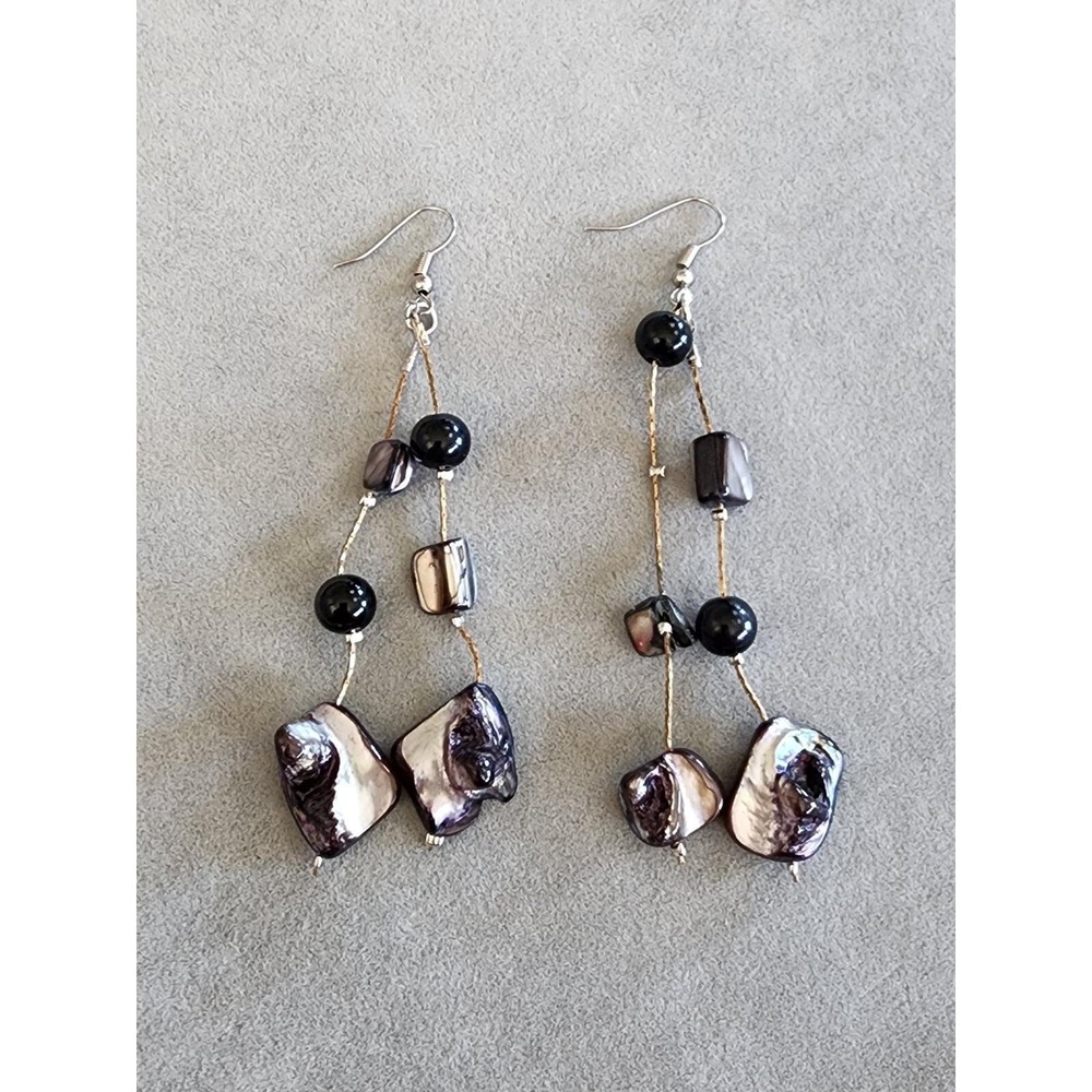 Abalone Shell Natural Chunk Dangle Earrings Mixed Metal Gold & Silver Tones - Picture 2 of 9